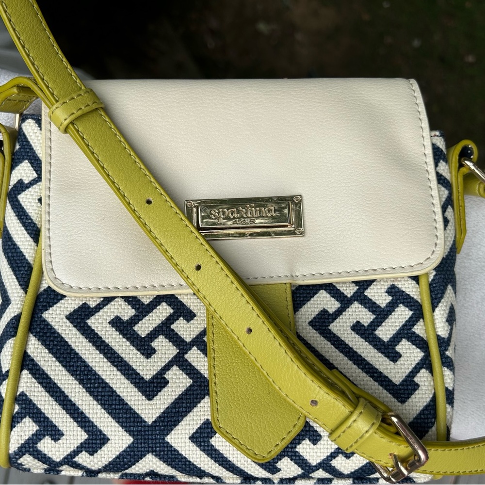 Spartina 449 Leather Crossbody, Blue on Cream Geometric Design, Lime Green Trim - Picture 4 of 9